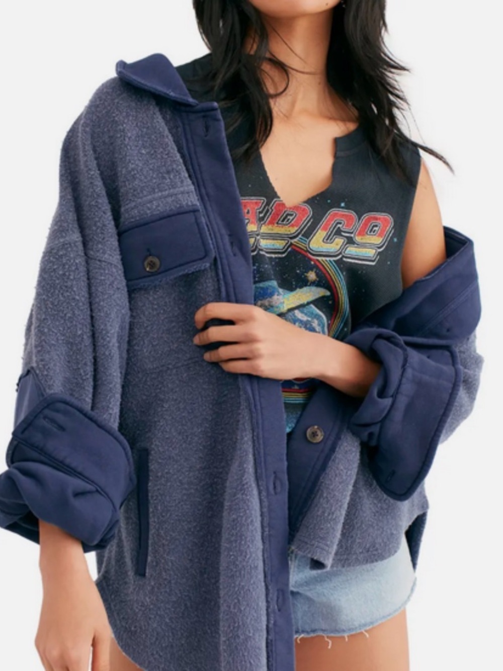 Free People Oversized Navy Blue Sherpa Shacket